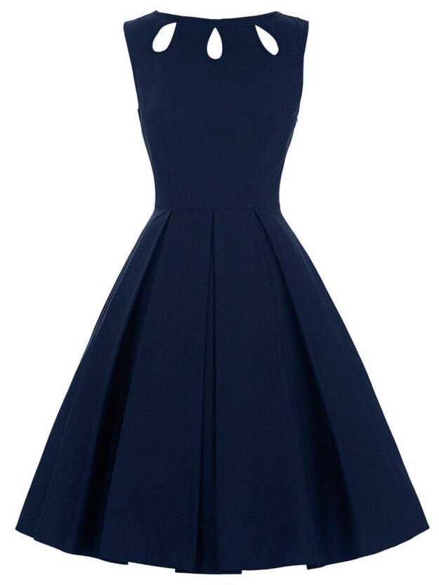 Elegant Navy Blue Sleeveless Fit & Flare Midi Dress for Women